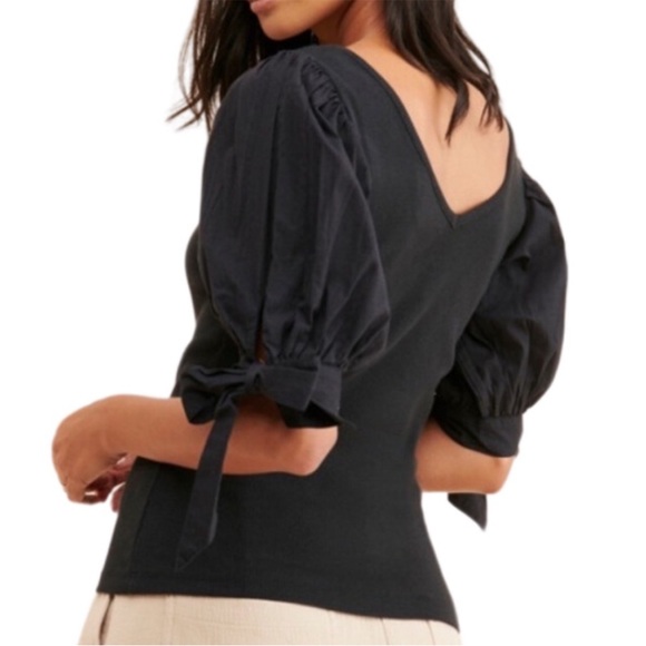 Anthropologie Maeve Puff Short Sleeved V Neck Ribbed Knit Black Top XS - Picture 2 of 7